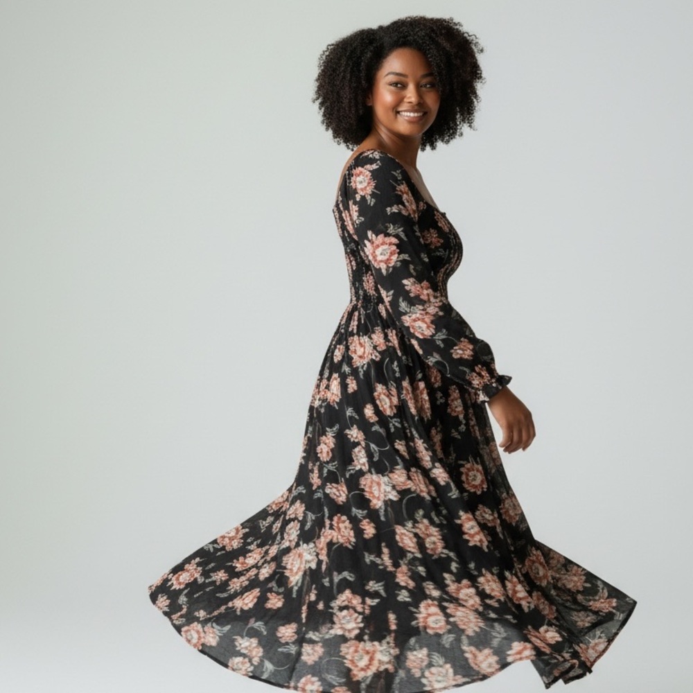 Treasure & Bond Black Floral Long Sleeve Dress